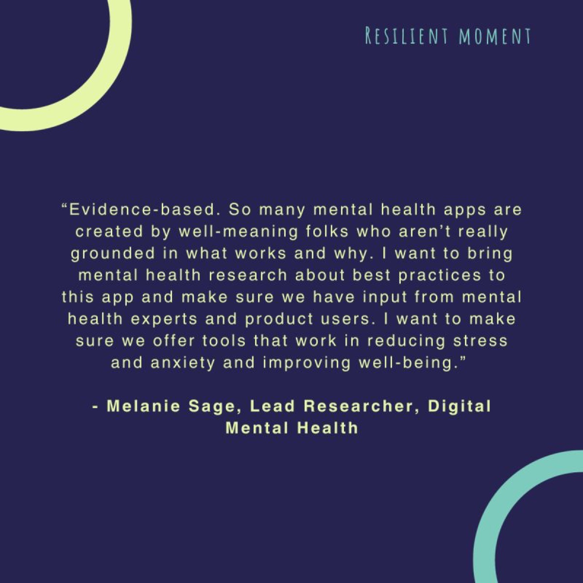 Quote card from Melanie Sage, Lead Researcher in Digital Mental Health, on evidence-based practice