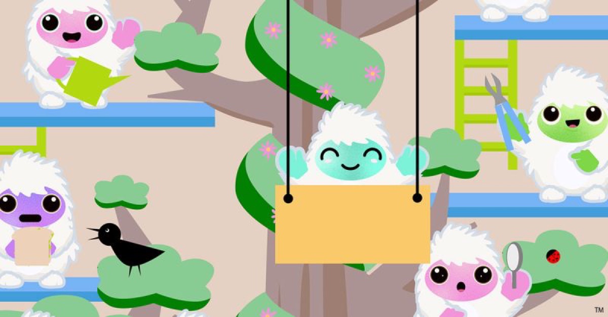 Illustration of the Resi mascots in a garden scene with a swing and birds