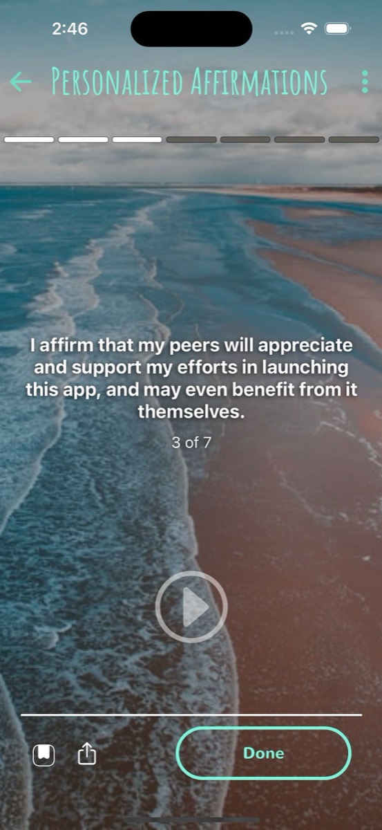 Joyment app screen showing a personalized affirmation over a coastal photograph